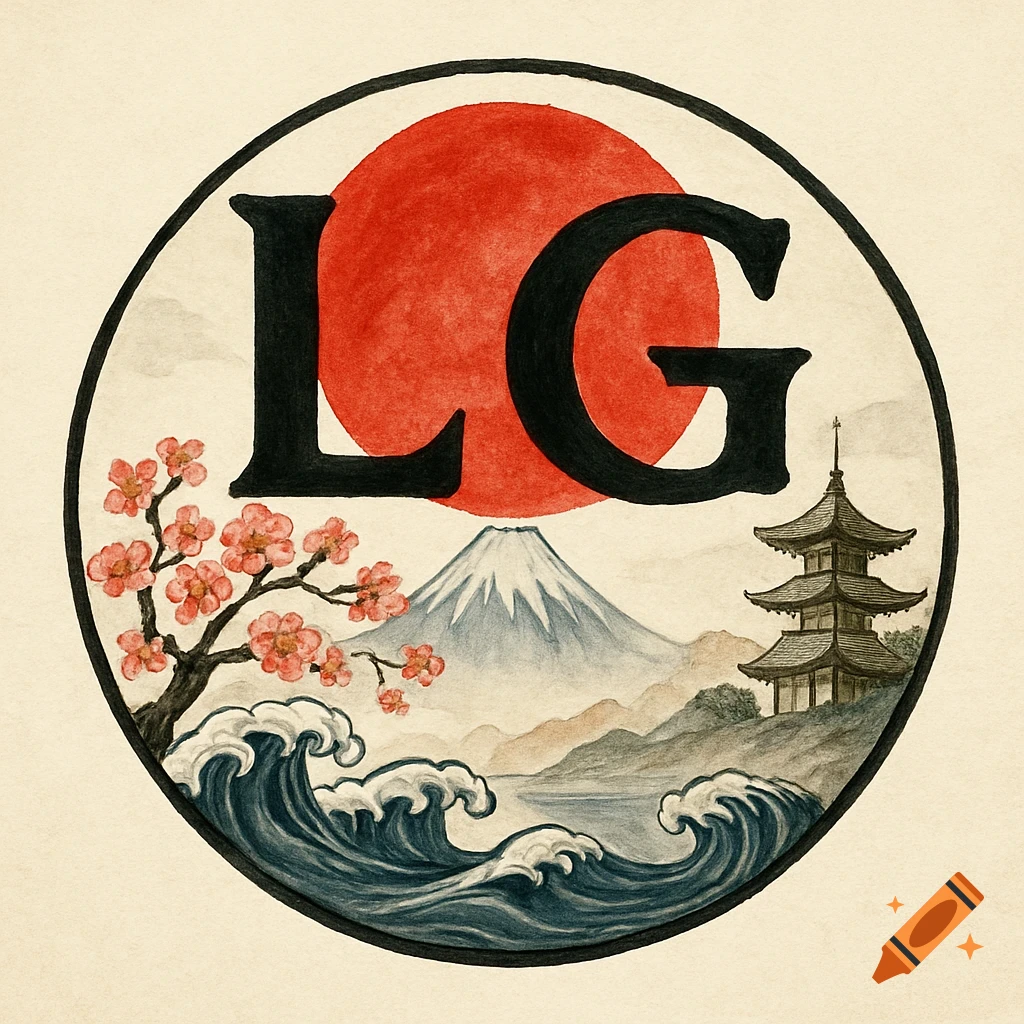 Circular logo featuring black 'LG' text, red sun, Mount Fuji, pagoda, cherry blossoms, and waves in Japanese watercolor style.