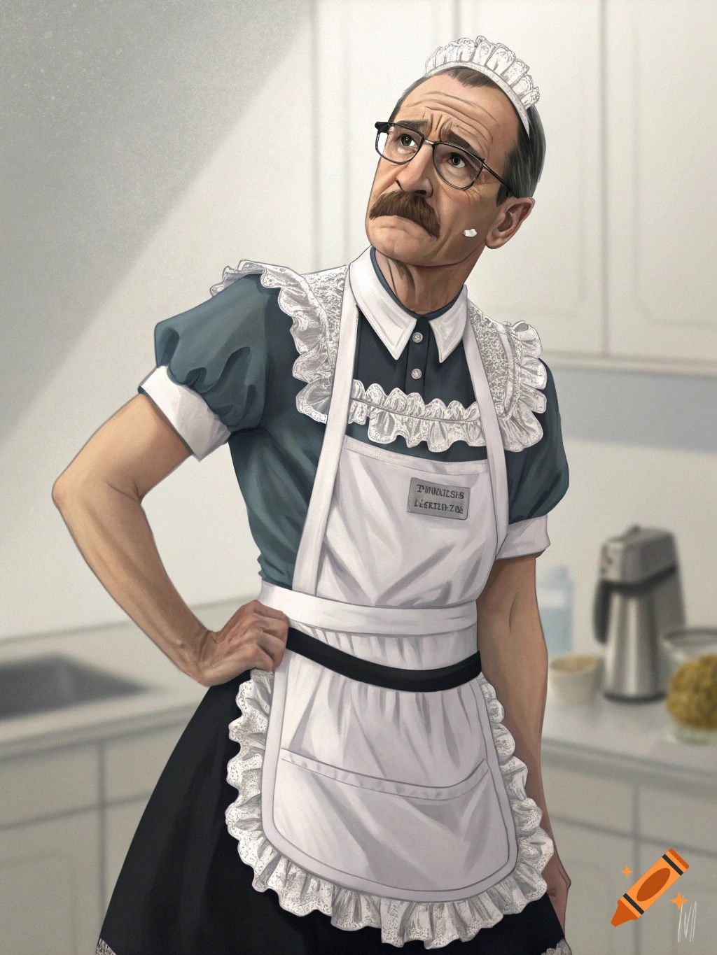 A man with a mustache and glasses, resembling Walter White, stands in a maid outfit looking up in a kitchen.