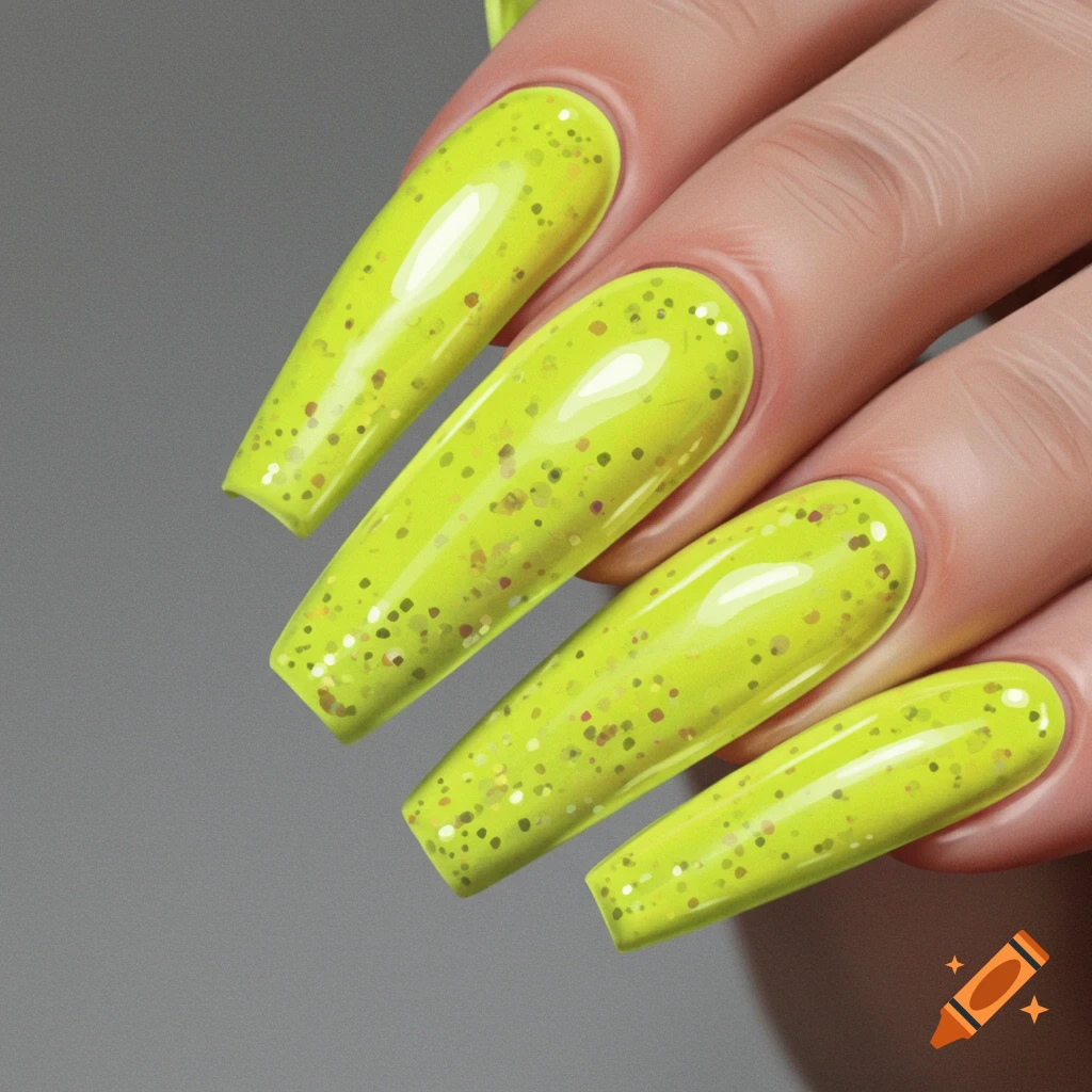 Close-up of a hand with long, bright yellow glitter acrylic nails.