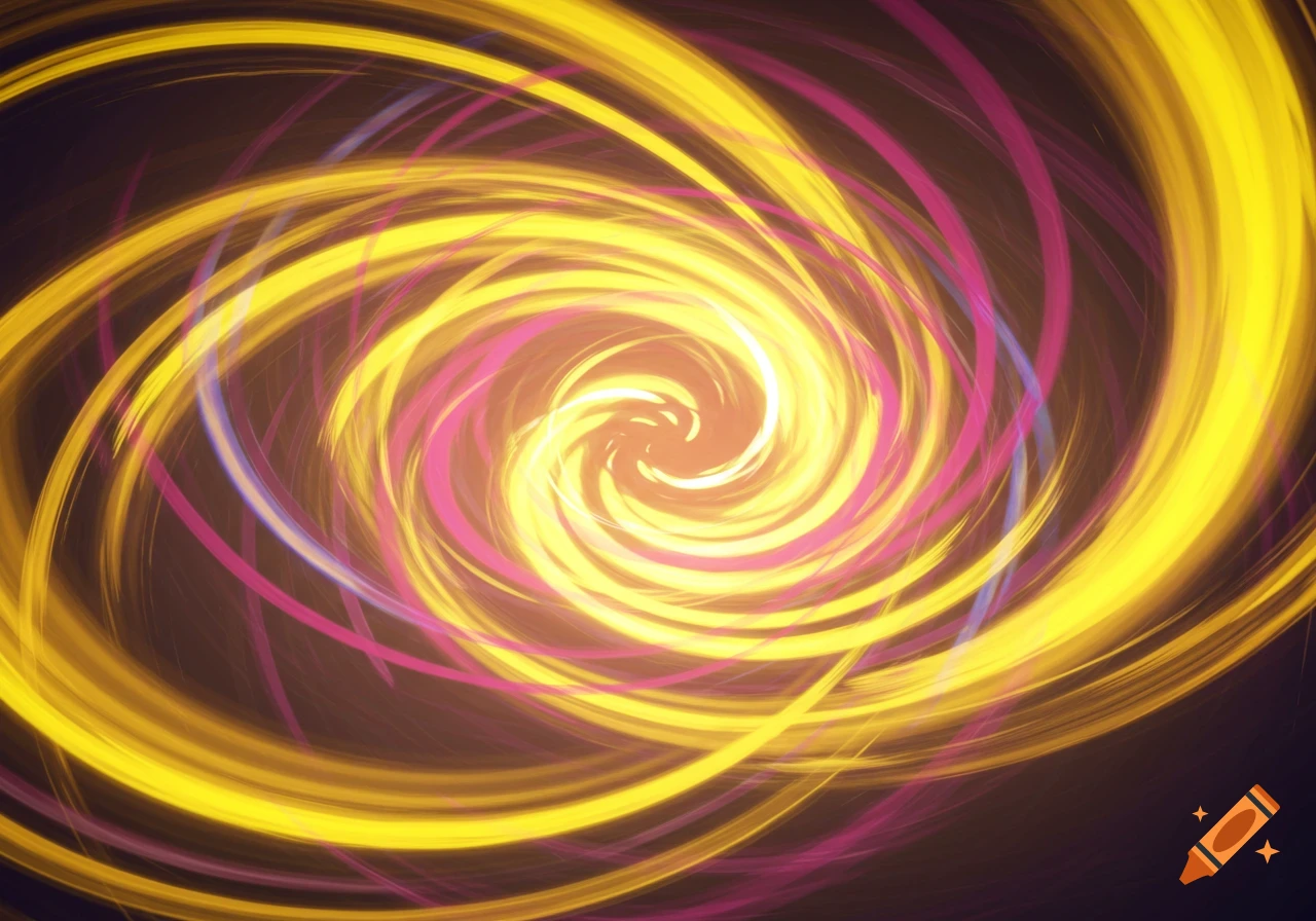 A vibrant abstract spiral of glowing yellow and pink light trails on a dark background.