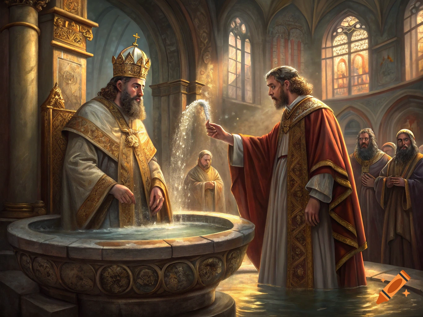 An oil painting depicting a baptism in a grand, ornate cathedral, with golden light streaming through stained-glass windows.