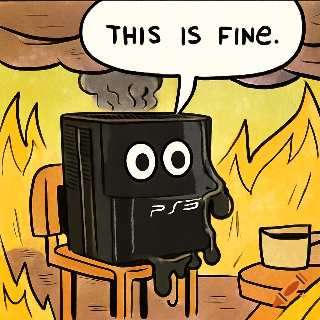 A cartoon PS3 console with cartoon eyes sits in a chair in a burning room, saying "THIS IS FINE."