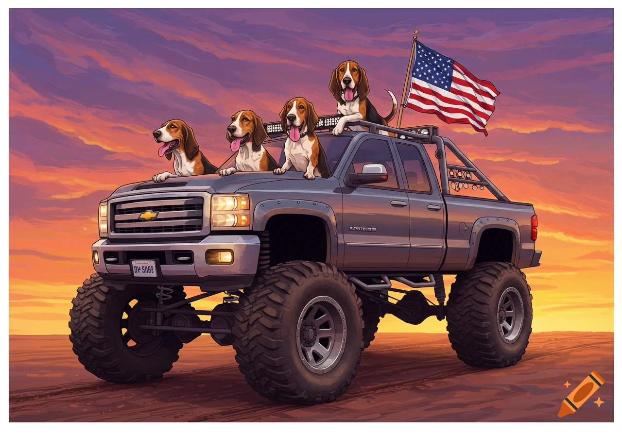 Four beagles in a lifted gray pickup truck with an American flag at sunset, cartoon style.