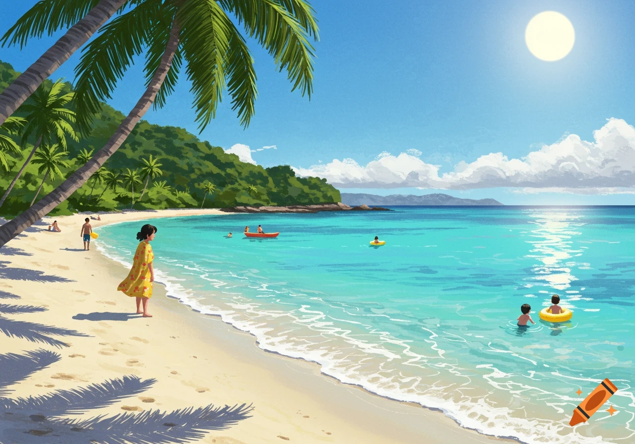 A vibrant illustration of a tropical beach with turquoise water, palm trees, and people enjoying the sun and swimming.