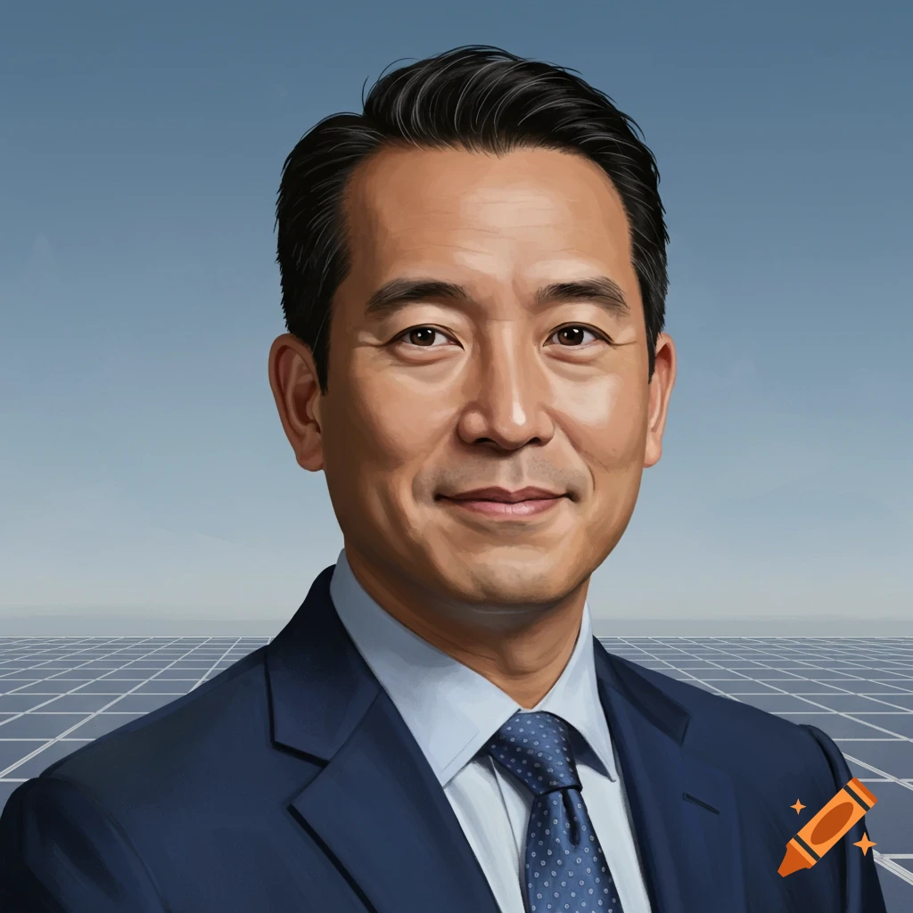A headshot of an Asian man in a dark suit and tie, smiling against a blue sky with solar panels in the background.