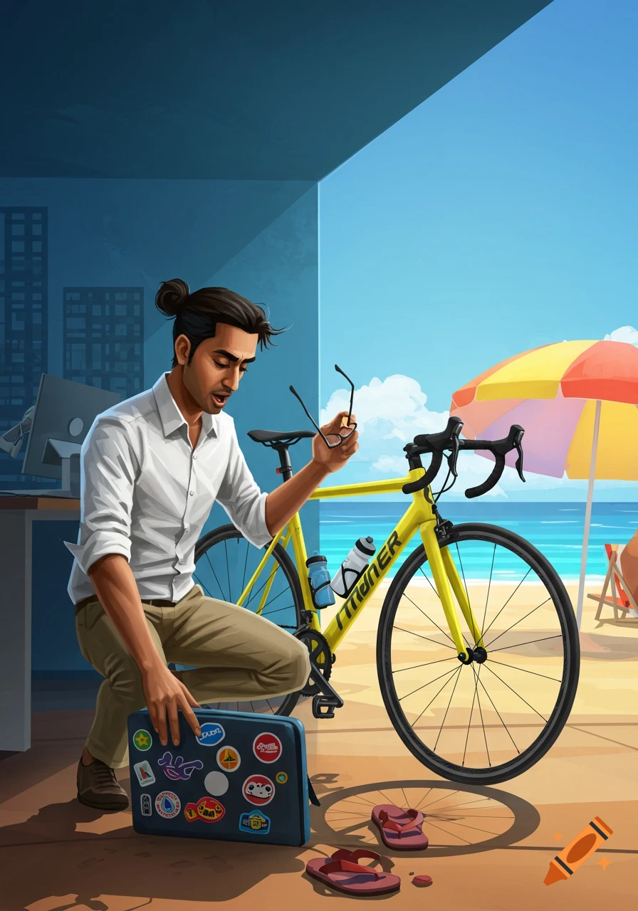 Illustration of a man transitioning from work to vacation mode, with a yellow bike, suitcase, and beach elements.