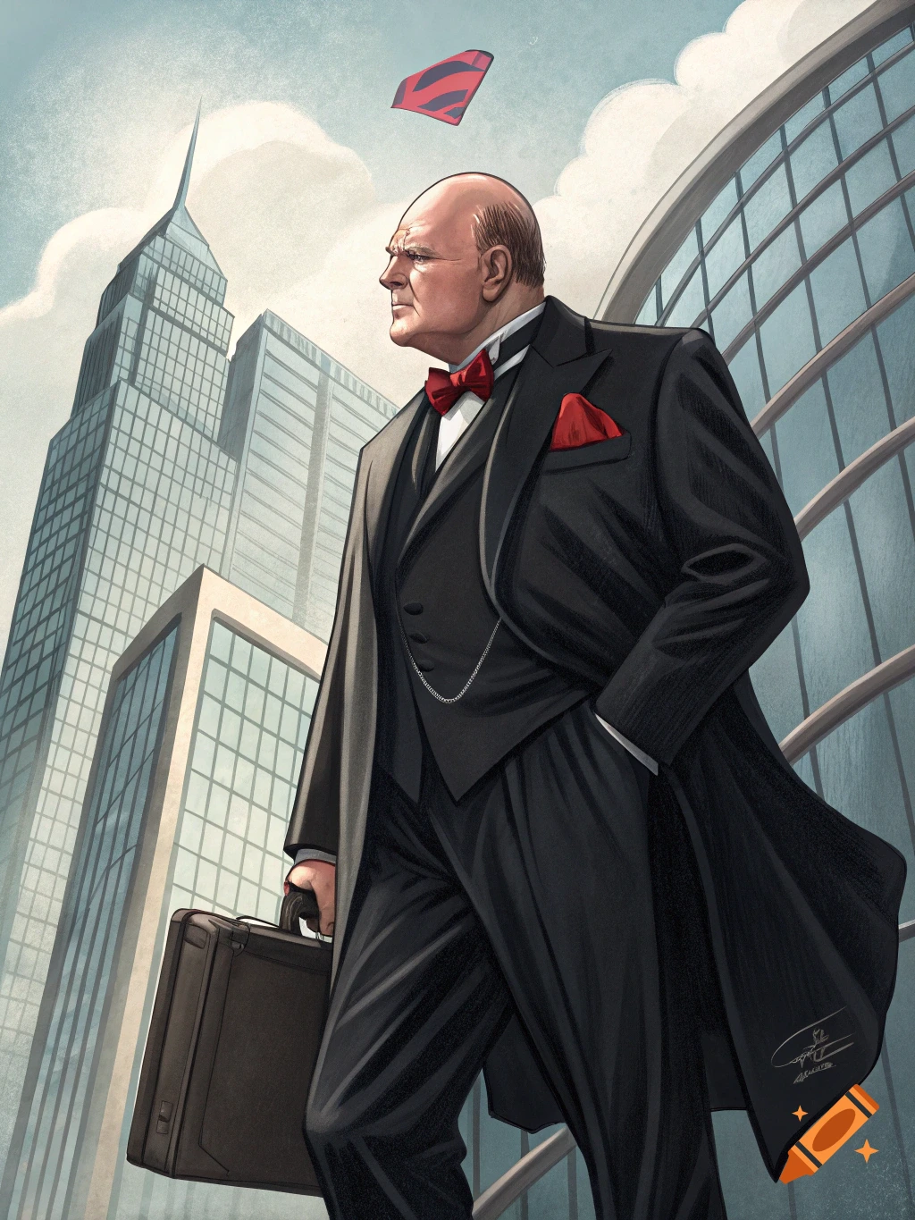 An illustration of a bald man resembling Winston Churchill dressed as Lex Luthor in a suit, holding a briefcase in a city with skyscrapers and a floating red 'S' symbol.