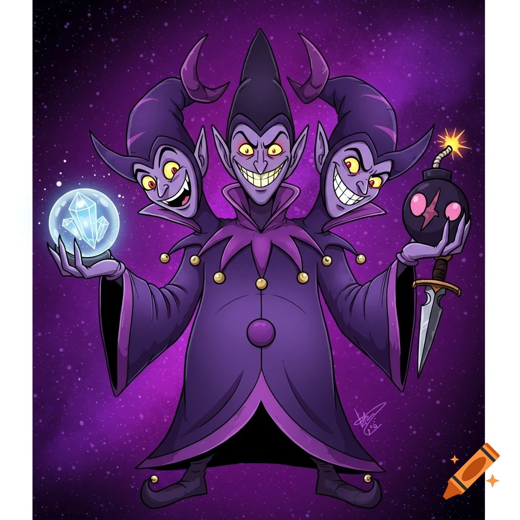 Purple cartoon villain with three heads holding a glowing crystal ball and a bomb
