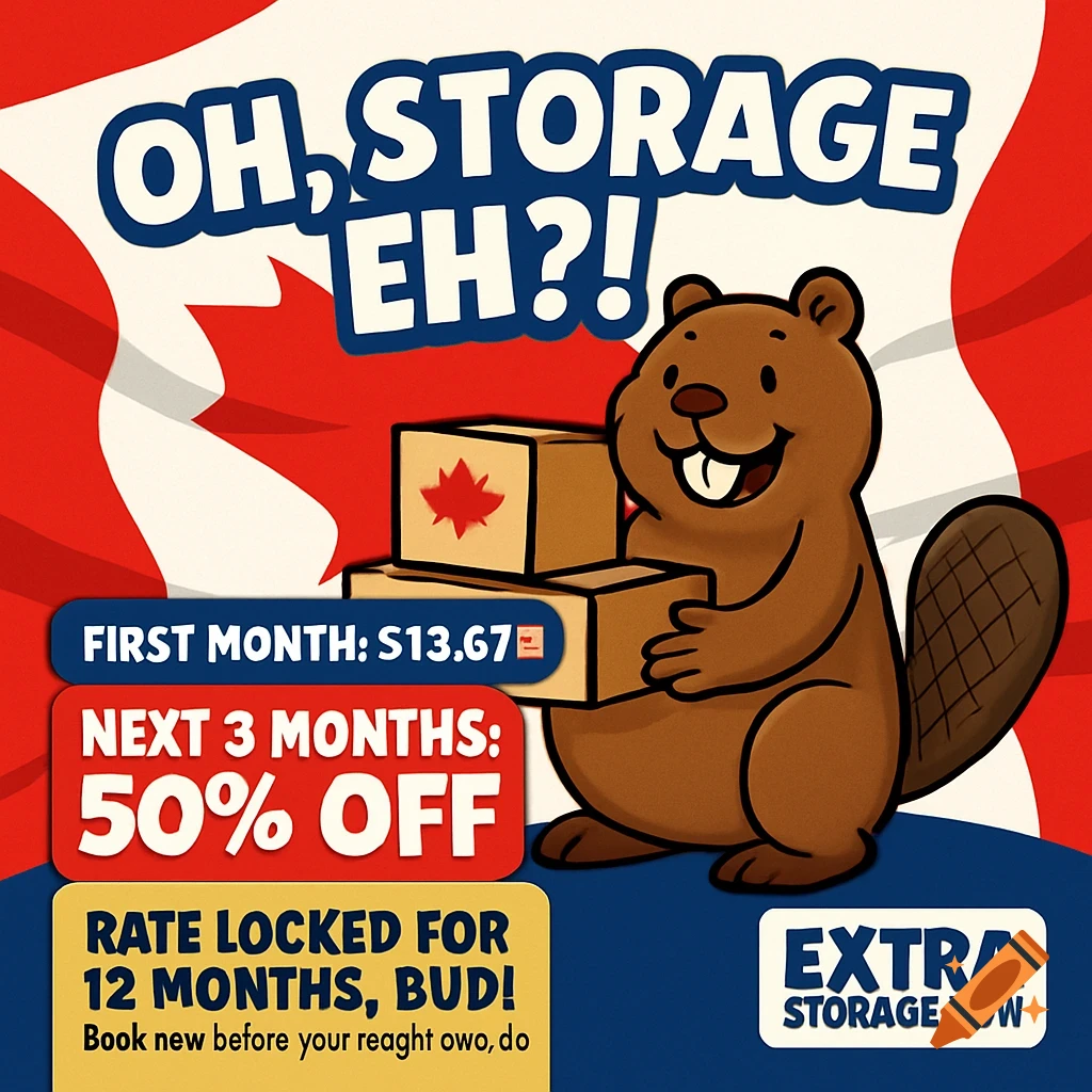 A fun cartoon ad for Canadian self-storage with a beaver holding boxes, against a Canadian flag. Text promotes "OH, STORAGE EH?!" and discounts.