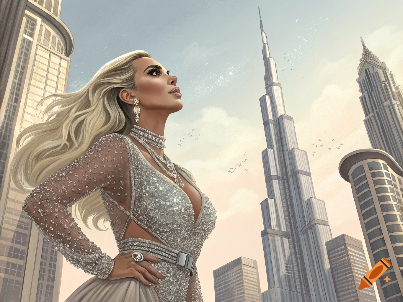A woman resembling Kim Kardashian in a shimmering gown gazes up at a towering cityscape, including the Burj Khalifa, in a digital art style.