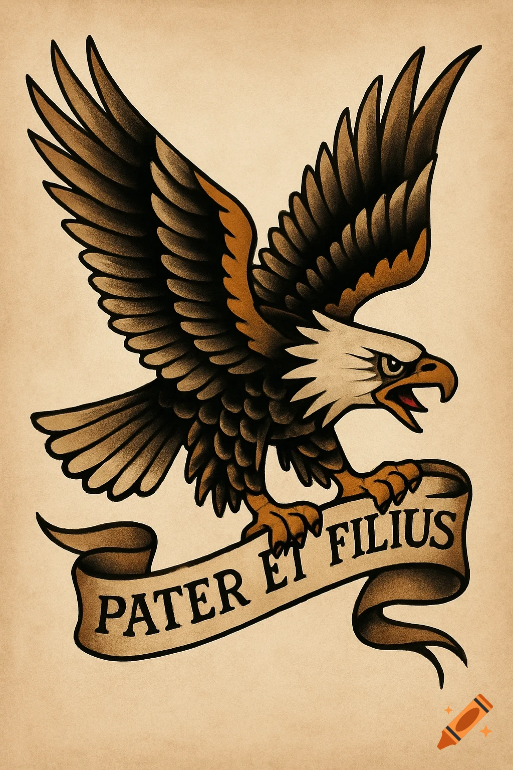 An American traditional tattoo design of an eagle with spread wings holding a banner that reads "PATER ET FILIUS".