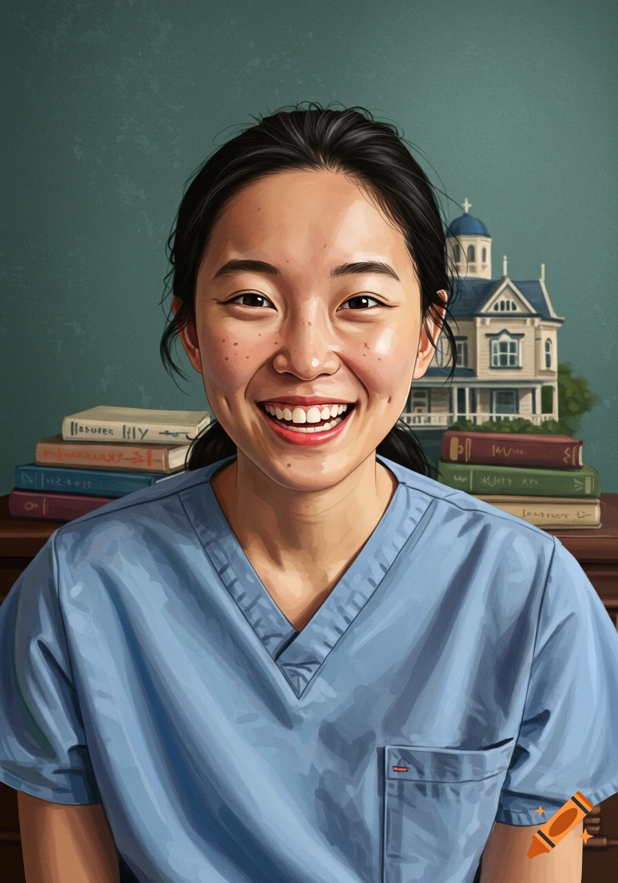 A smiling person in blue scrubs sits in front of books and a miniature building.