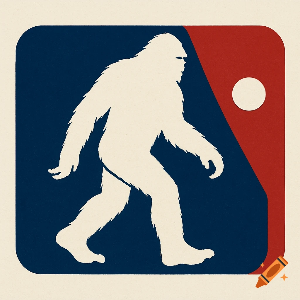 White silhouette of Bigfoot walking, styled like a sports logo against a blue and red background.