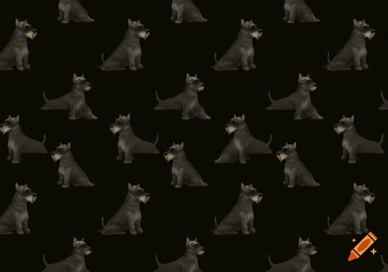 A repeating pattern of gray miniature schnauzer dogs sitting against a black background.
