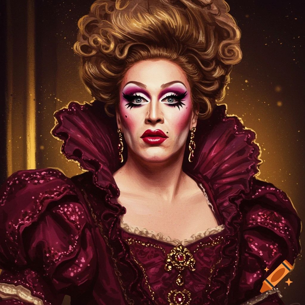 Portrait of a person in drag with dramatic makeup, elaborate blond hair, and a ruffled red dress.