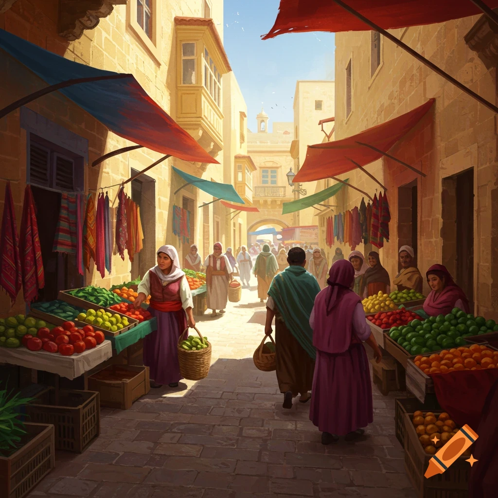 A busy market street scene with people selling fruits and vegetables from stalls, set among old buildings.