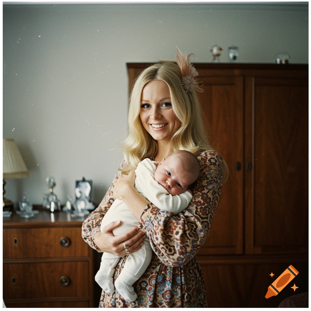 A blonde woman with a feather in her hair smiles while holding a newborn baby in a onesie, vintage photo style.