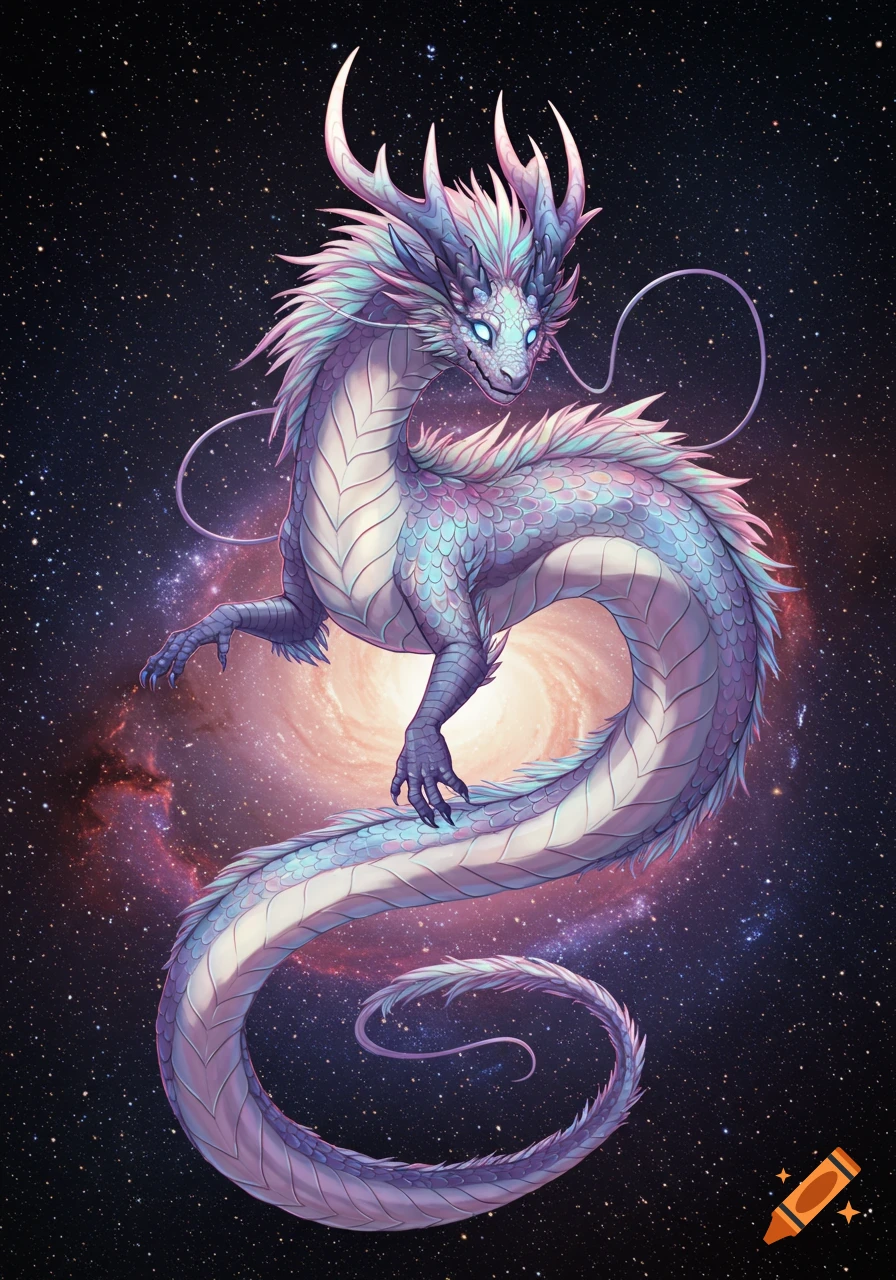 A fantasy dragon with iridescent scales hovers in front of a swirling nebula in space.