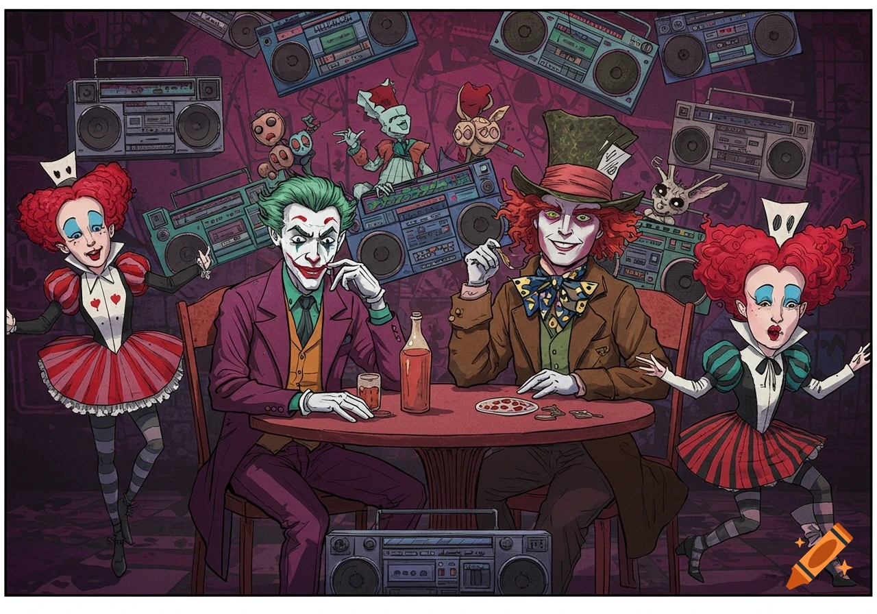 The Joker and Mad Hatter at a table with boomboxes, as Red Queens dance in a cartoonish, vibrant style.