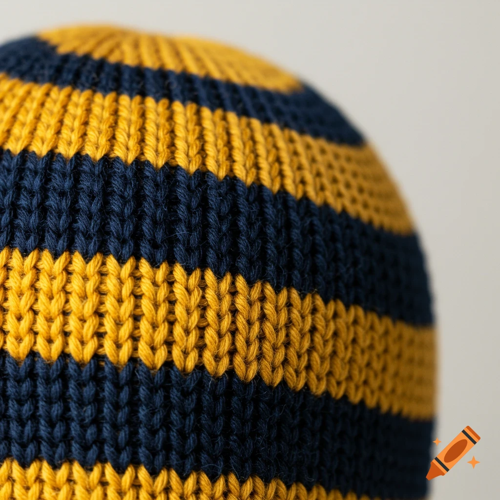 Close-up of a photorealistic navy blue and mustard yellow striped knit beanie, showcasing the chunky texture.