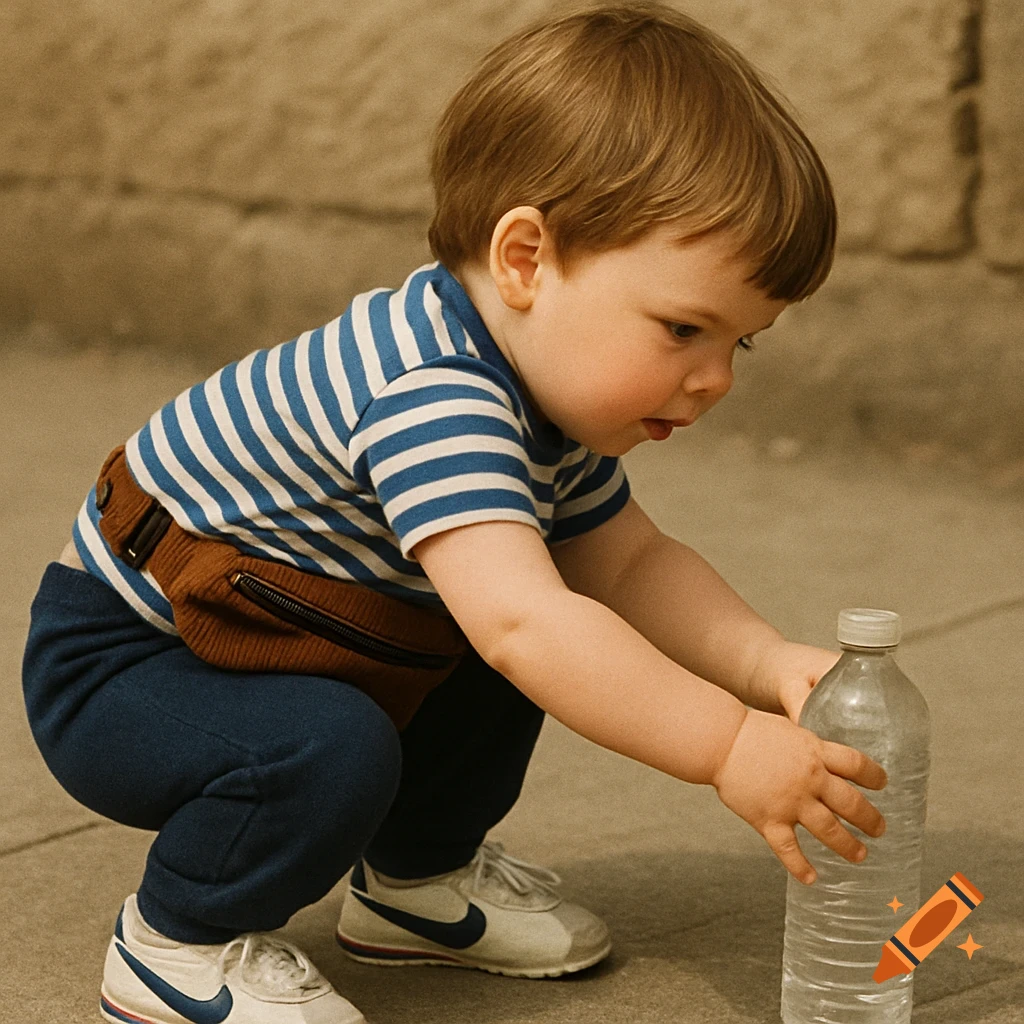 Toddler in striped shirt, fanny pack, and Nike shoes crouching to pick up a water bottle, 1970s photo style