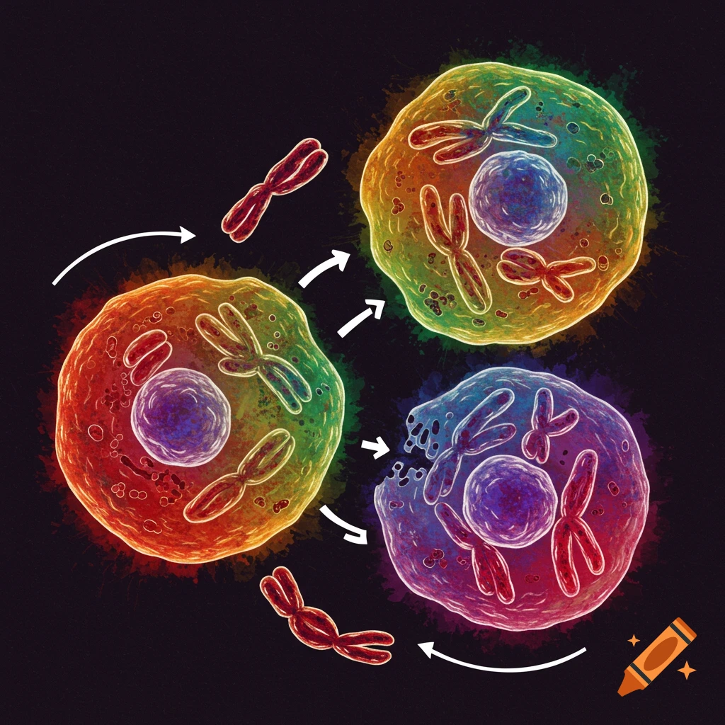 Illustration of colorful cells and chromosomes showing a biological process with arrows.