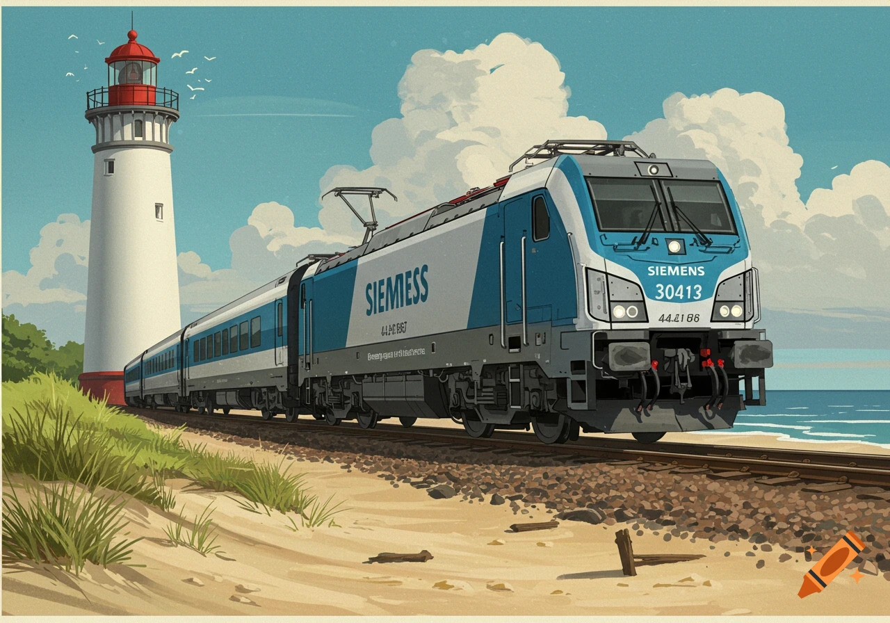 A blue and white train on tracks by a sandy beach next to a lighthouse, in a vintage poster style.