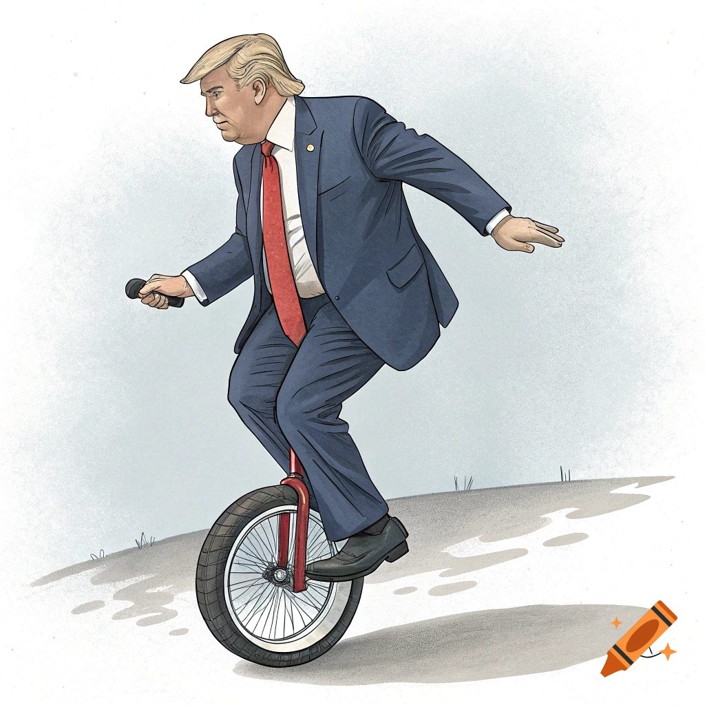 Illustration of Donald Trump in a suit and red tie, riding a unicycle.
