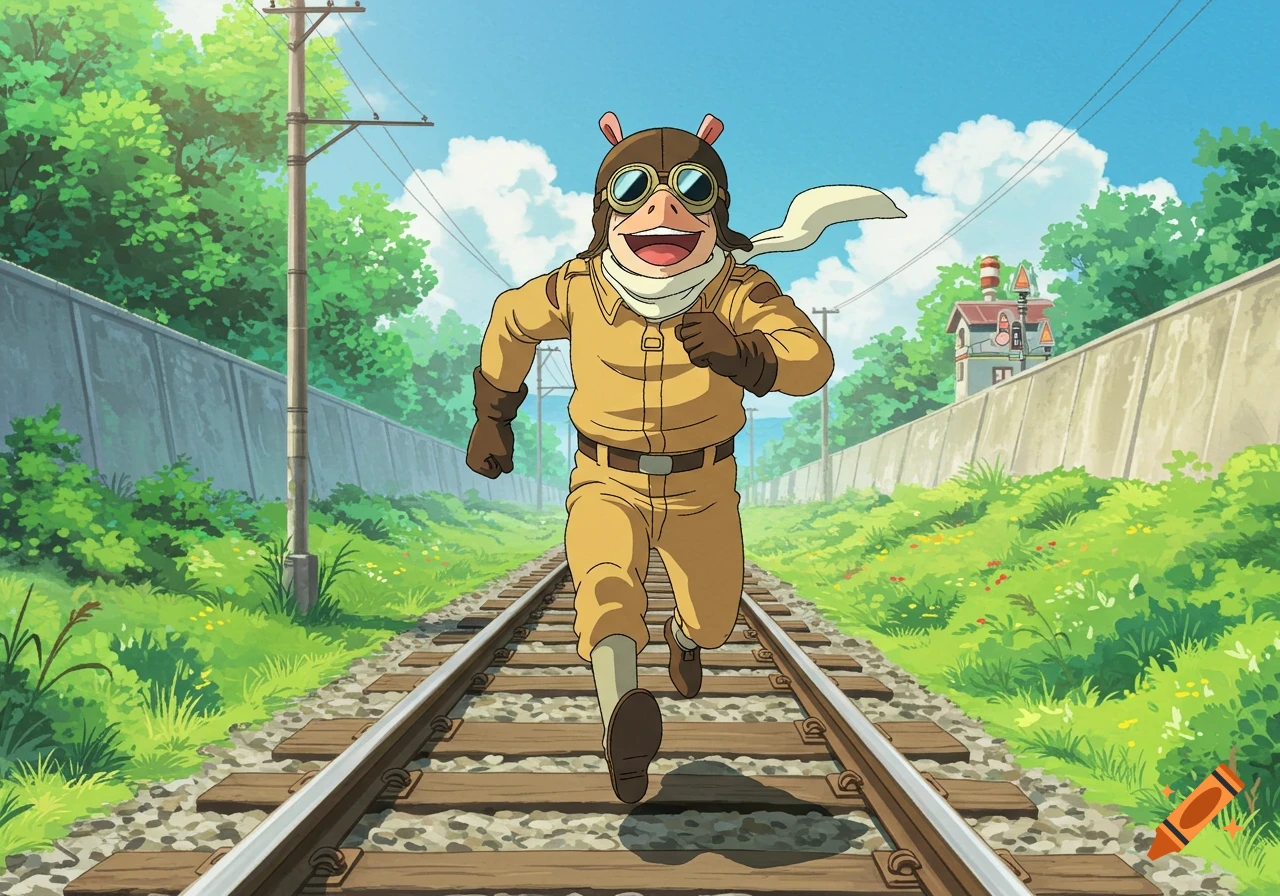 Porco Rosso, a pig-like man in a pilot's uniform, joyfully runs down railroad tracks on a sunny day in an anime style.