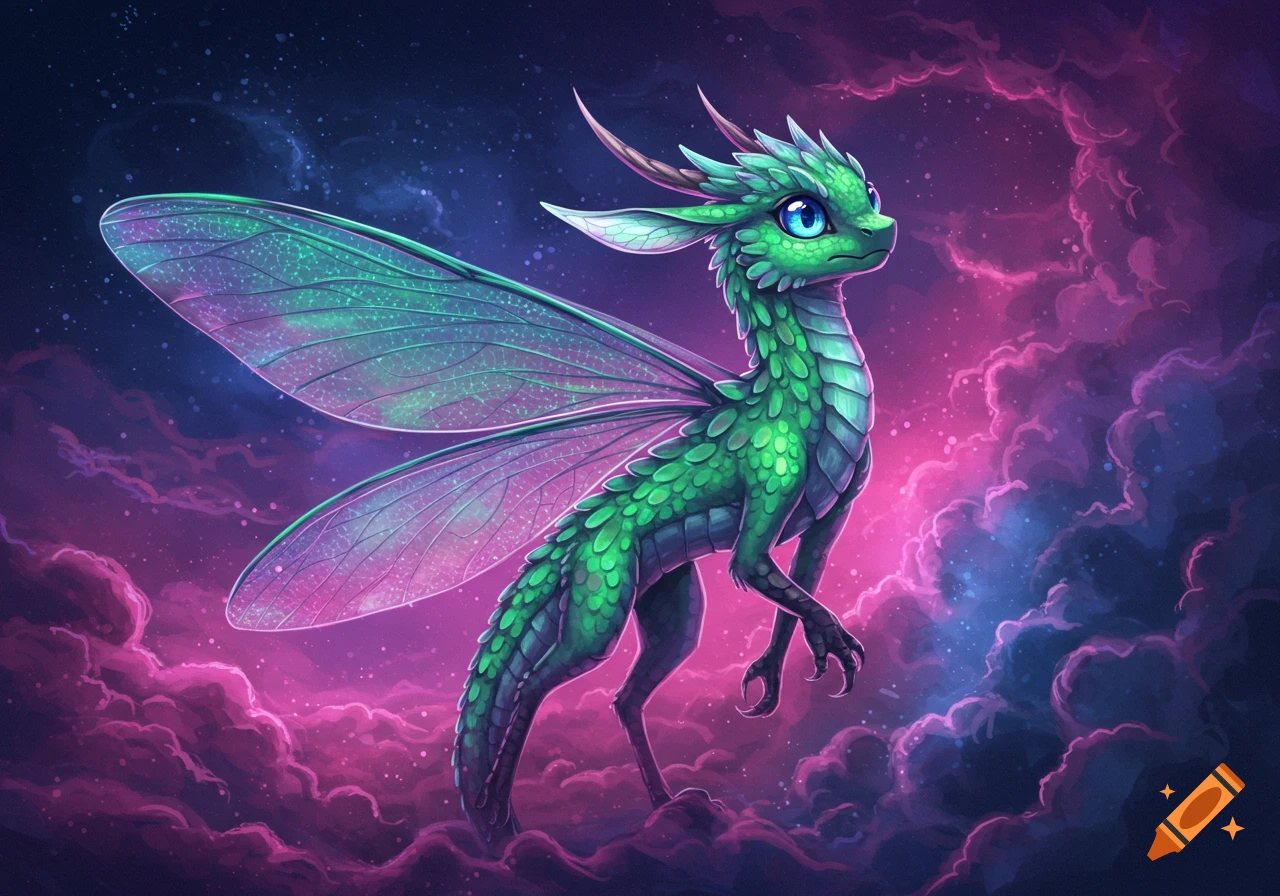 A cute green dragon-like creature with large, translucent fairy wings stands against a vibrant purple and pink cloudy, starry sky.