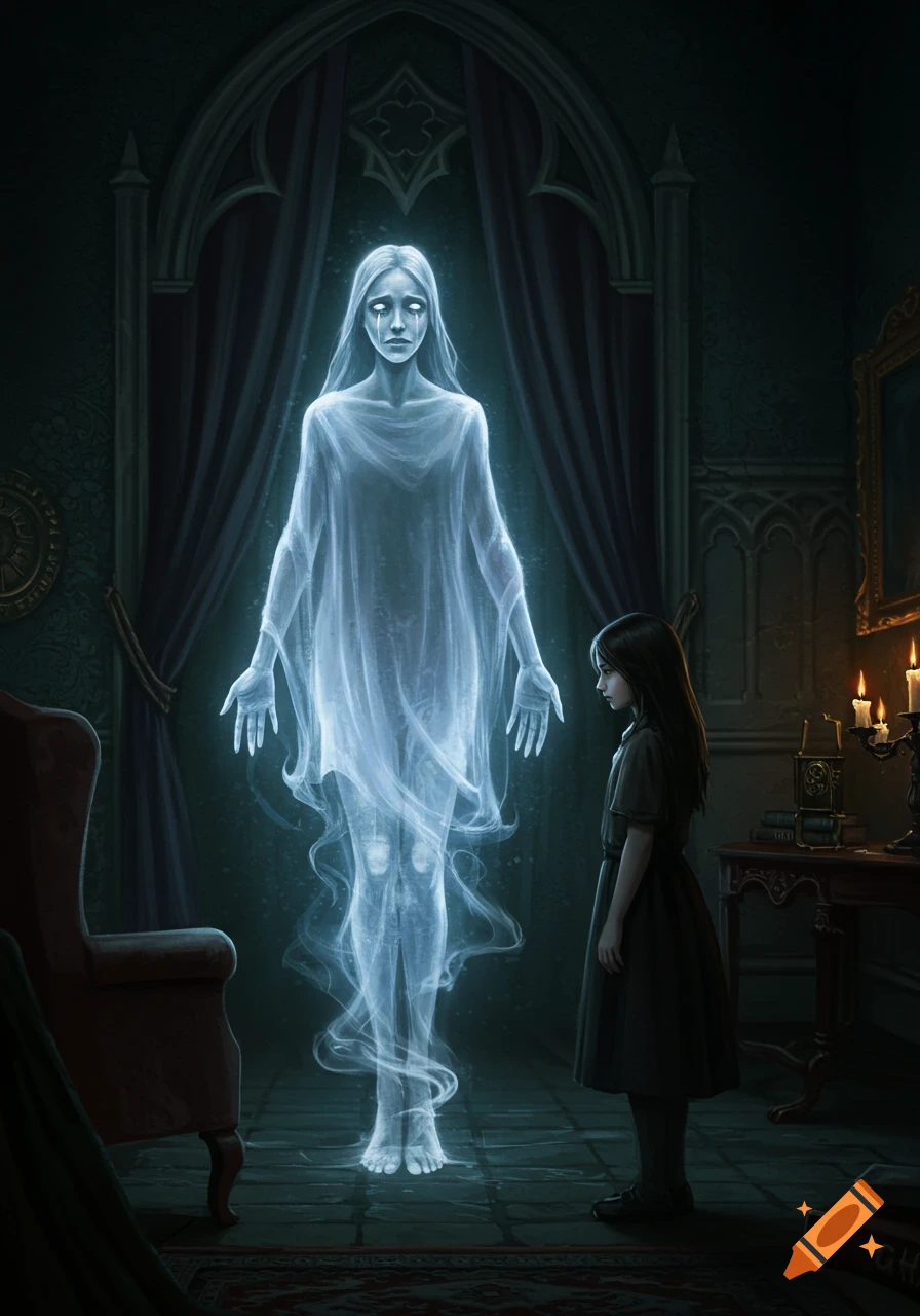 A ghostly figure floats before a small girl in a dark, gothic room.