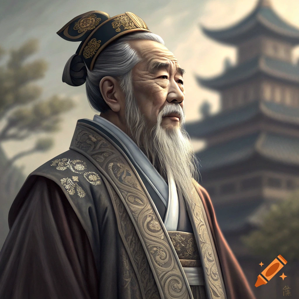 A wise-looking old man with a long white beard in traditional Chinese robes and hat, standing before a pagoda.