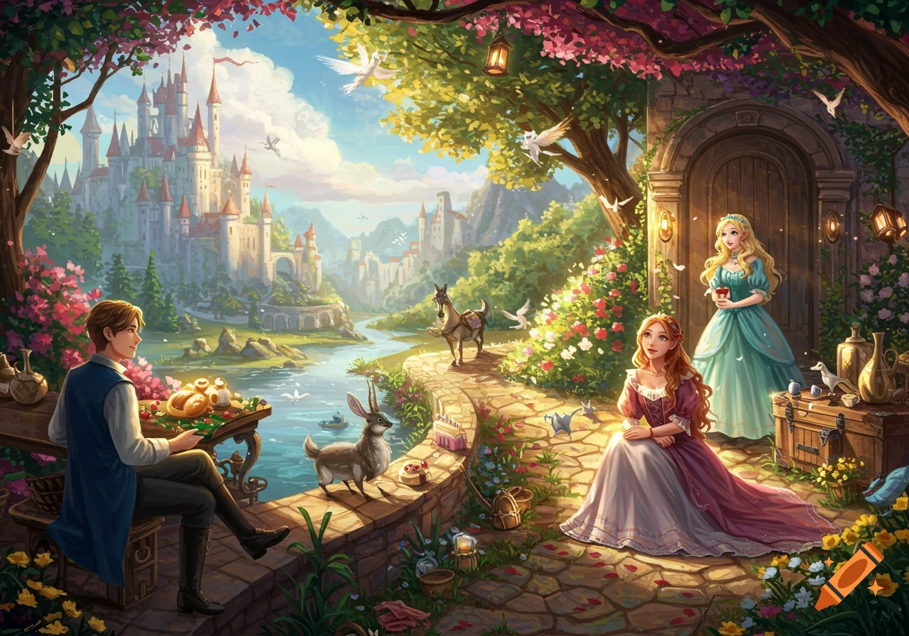 Fantasy painting of a couple near a castle garden with animals, trees, and a river.