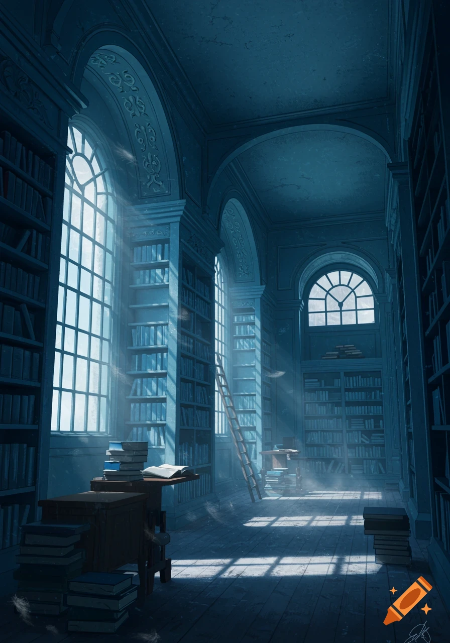 A grand, blue-toned library interior with high arched windows streaming light, tall bookshelves, a ladder, and stacks of books.