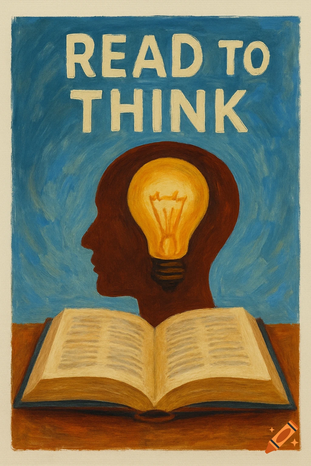A painting of a dark silhouette of a human head with a glowing lightbulb inside, above an open book. Text "READ TO THINK" is at the top. The style is painterly.
