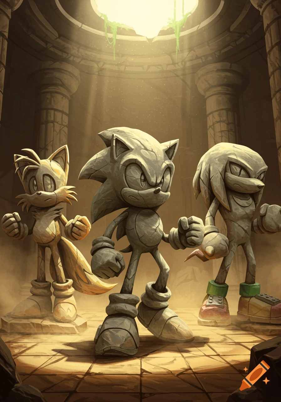 Stone statues of Sonic, Tails, and Knuckles standing in a ruin.