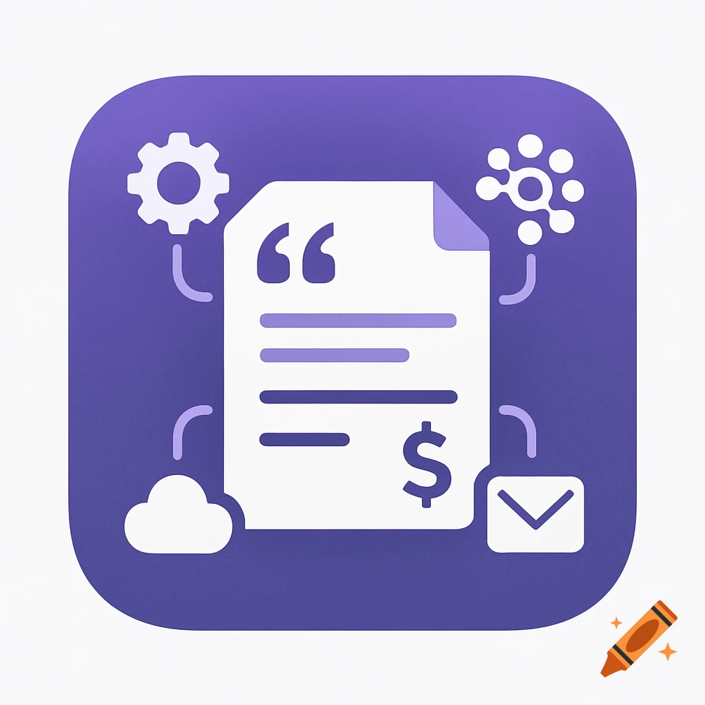 A purple app icon featuring a white document with a dollar sign, quotation marks, and connecting lines to a gear, a cloud, and an envelope, symbolizing integration and finance.
