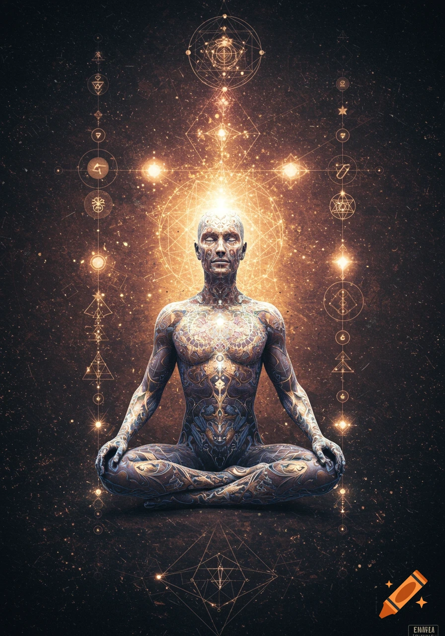 Figure covered in golden symbols meditating amidst cosmic light and geometric patterns.