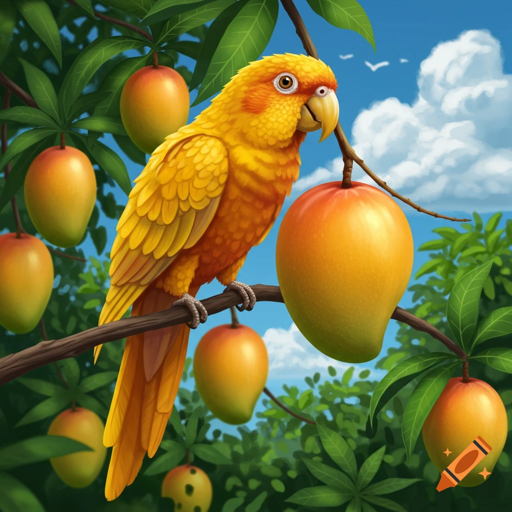 A yellow parrot with mango-like features perches on a branch surrounded by ripening mangoes in a tree.