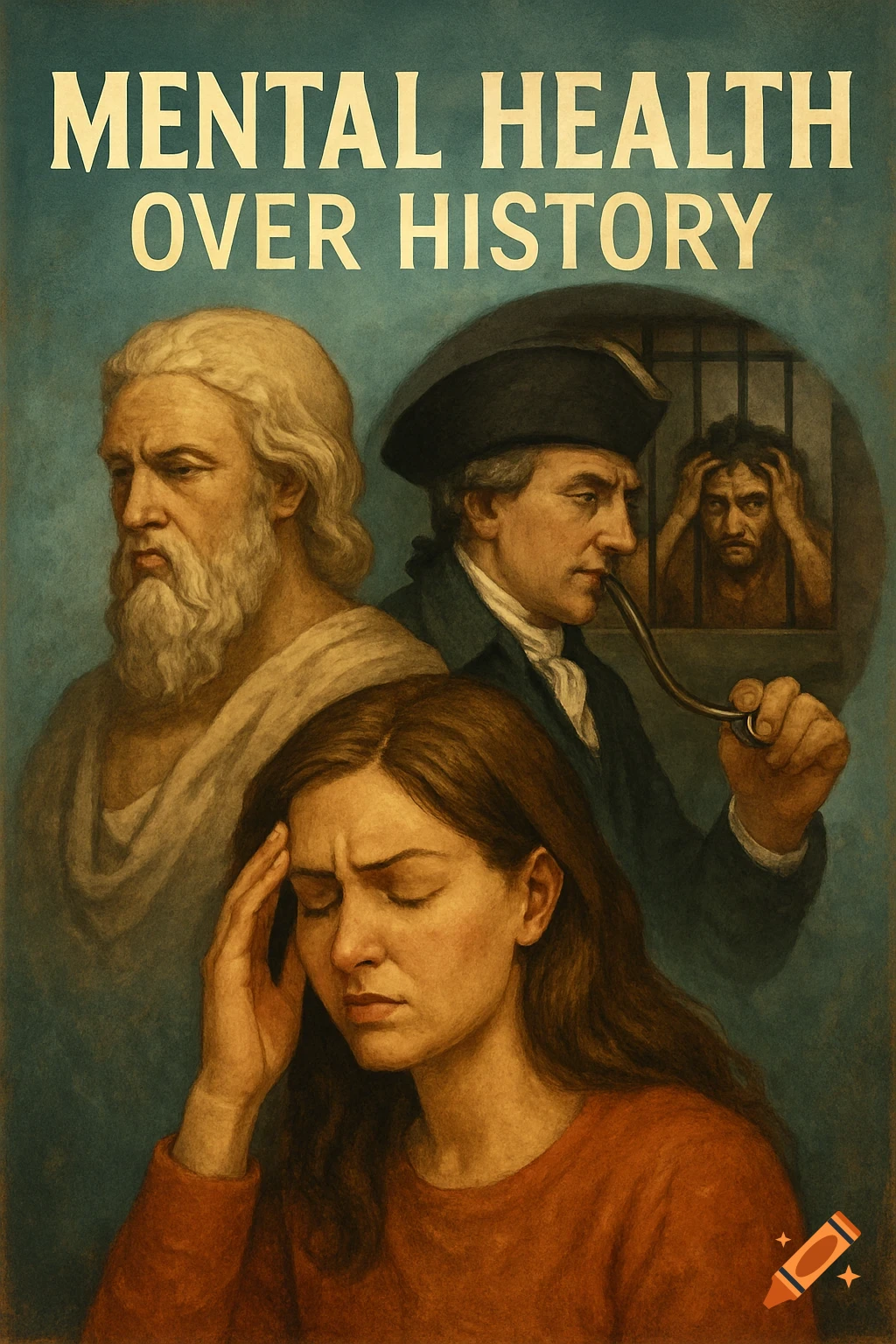 A stylized historical illustration titled 'Mental Health Over History' featuring a woman with a headache, an ancient philosopher, a colonial-era man with a pipe, and a person in a jail cell.