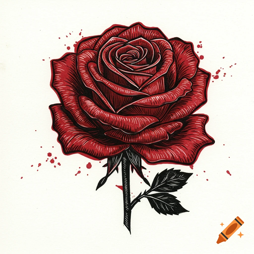 Red rose linocut illustration with black stem and splatter accents.
