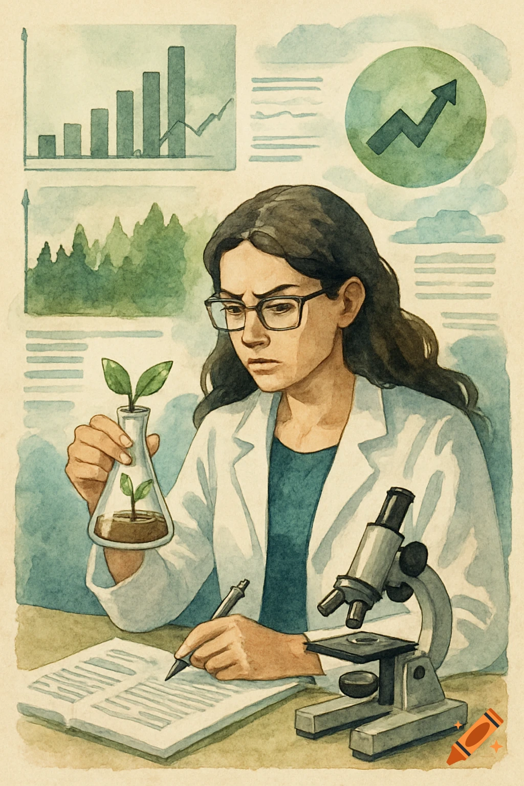 A watercolor illustration of a scientist in a lab coat examining a small plant in a flask, with charts and a microscope on the desk.