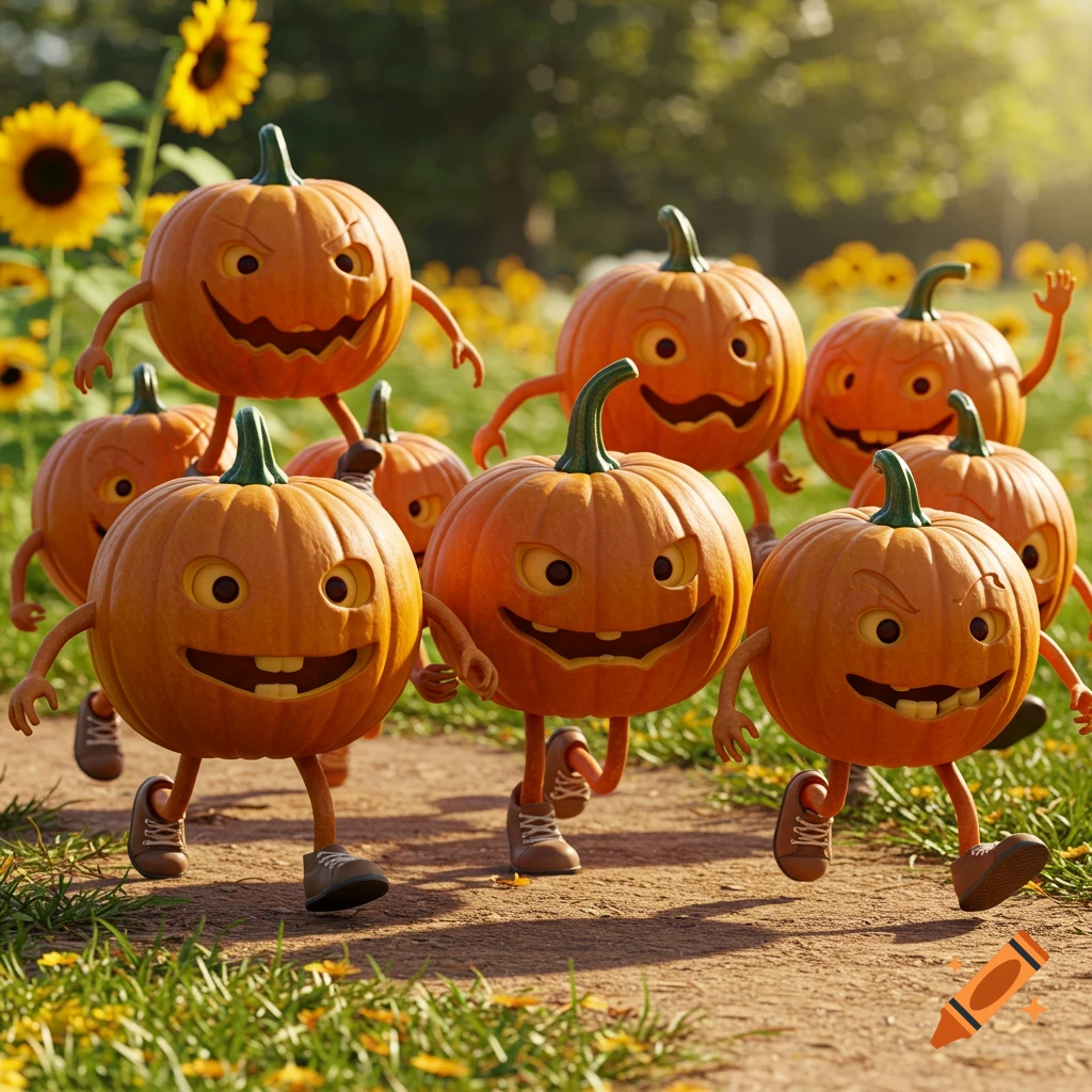 Cartoon pumpkins with arms, legs, and shoes are running on a path through a field of sunflowers.