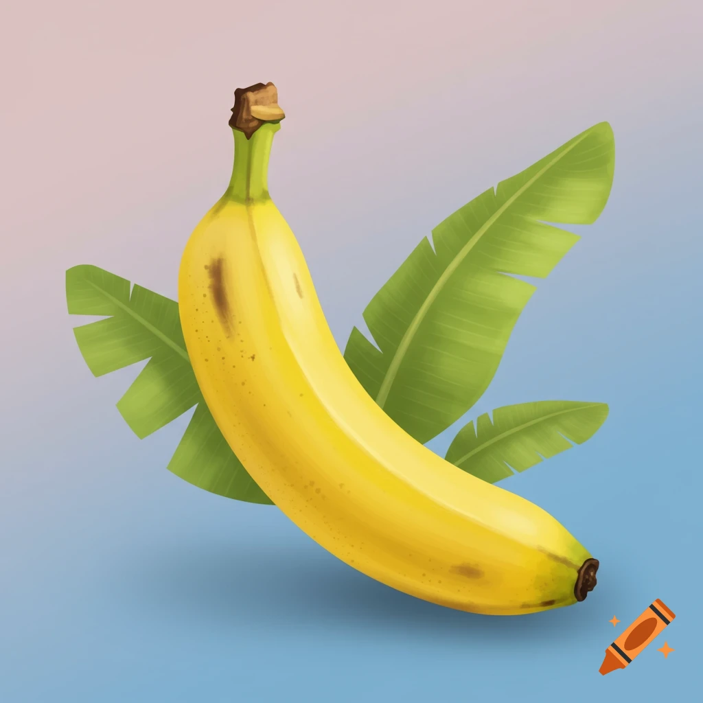 A vibrant yellow banana with green banana leaves against a blue and pink gradient background, in an illustrative style.