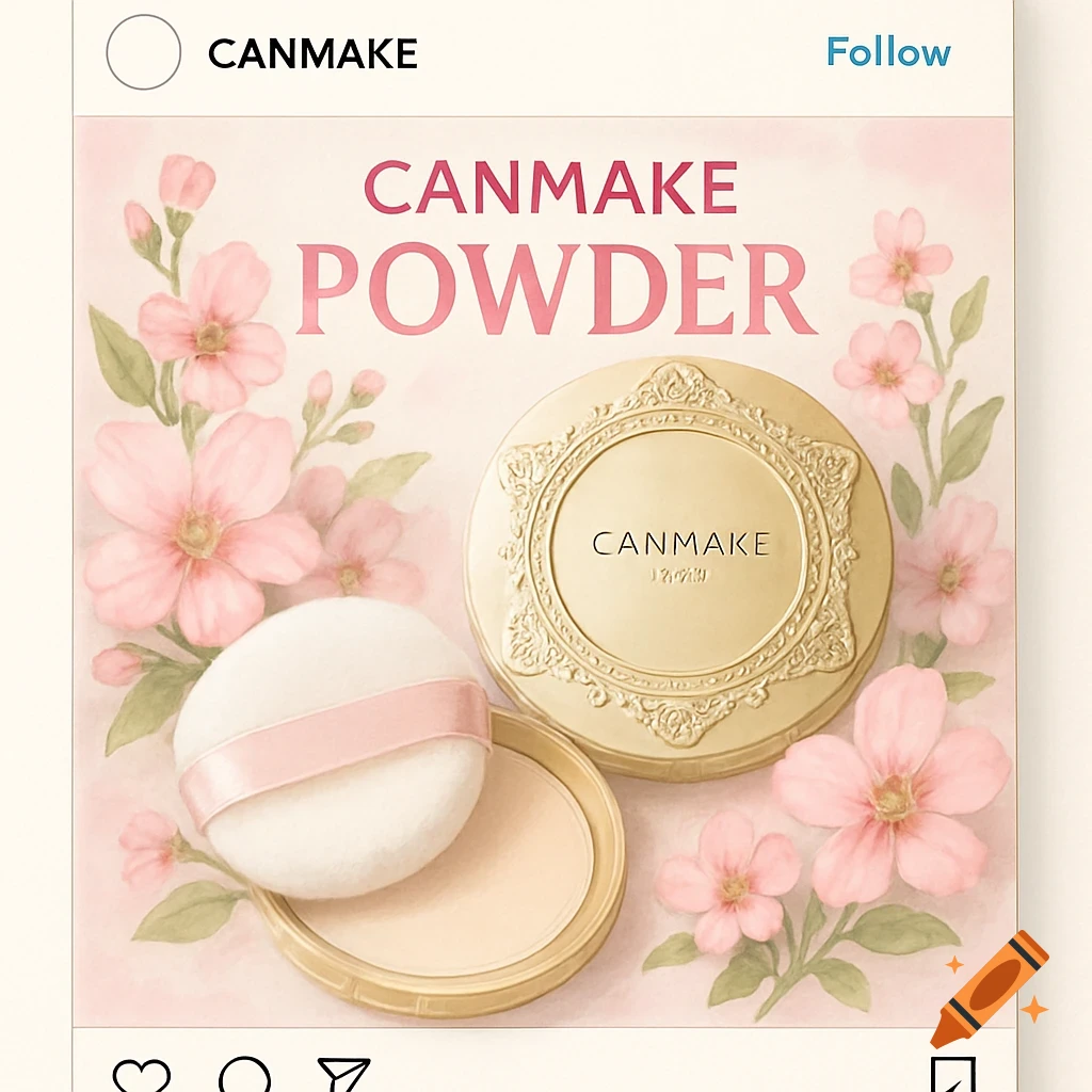 A gold compact powder and a white fluffy puff with a pink ribbon among pink flowers on a soft pink background, with 'CANMAKE POWDER' text.