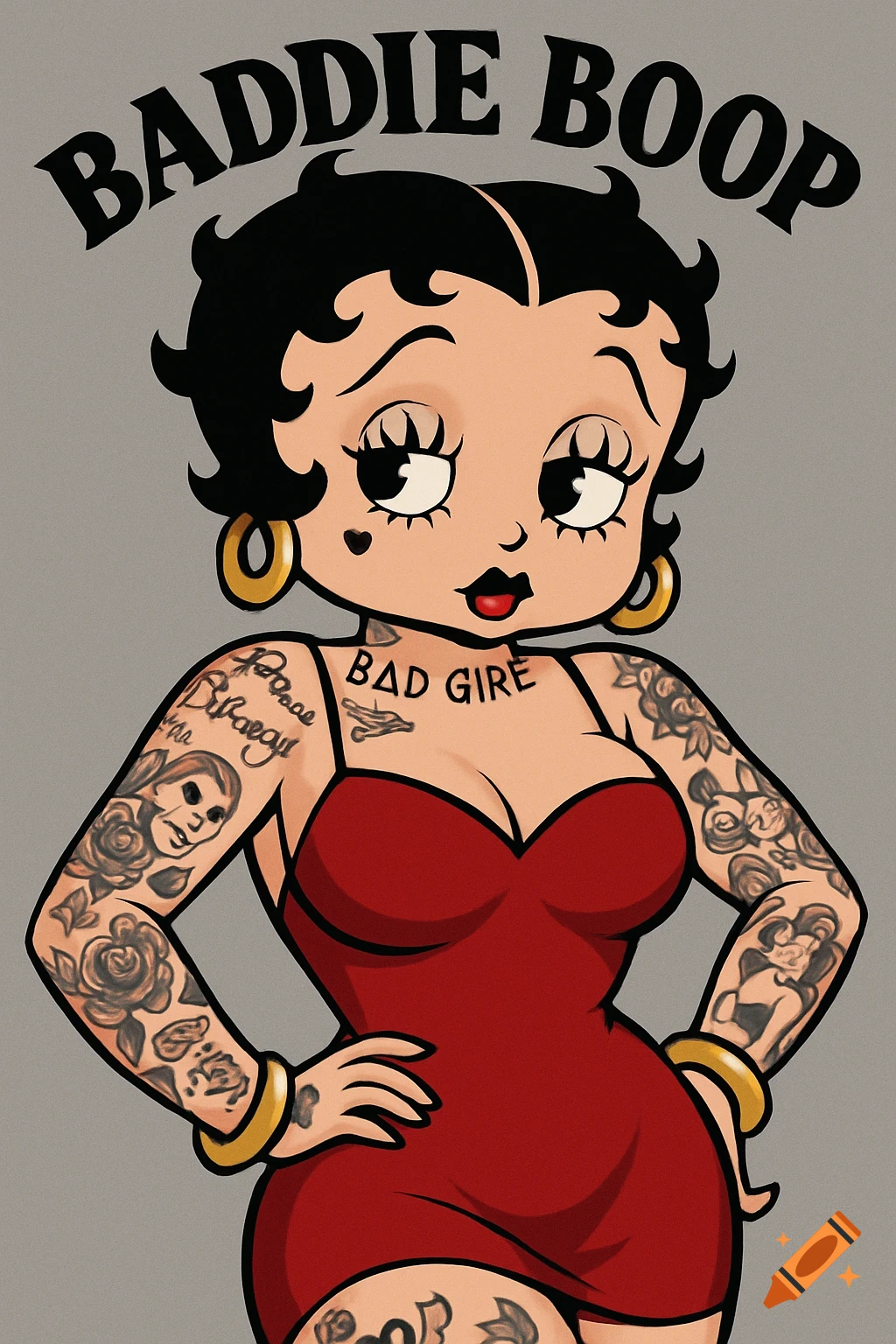 A cartoon illustration of Betty Boop with tattoos on her arms and chest, wearing a red dress. Text above reads "BADDIE BOOP".