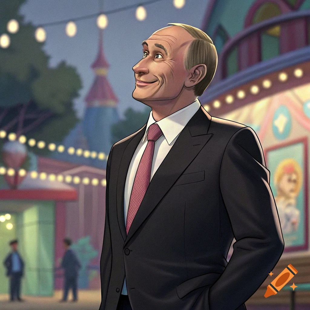 Cartoon portrait of Vladimir Putin smiling, looking up in an amusement park at night with string lights, in a Pixar animation style.