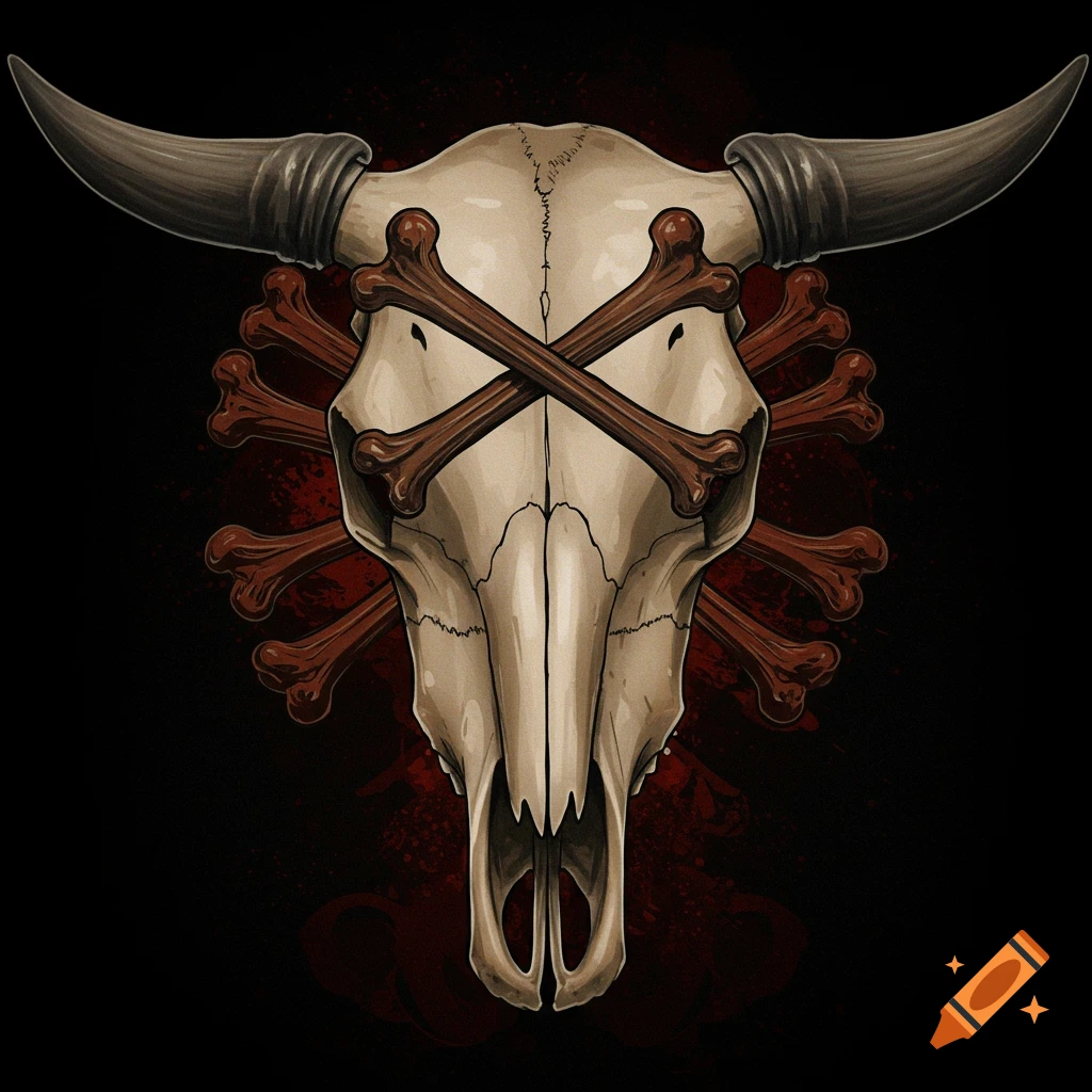 Stylized illustration of a bull skull with two bones crossed over its eye sockets, surrounded by more bones on a dark red background.