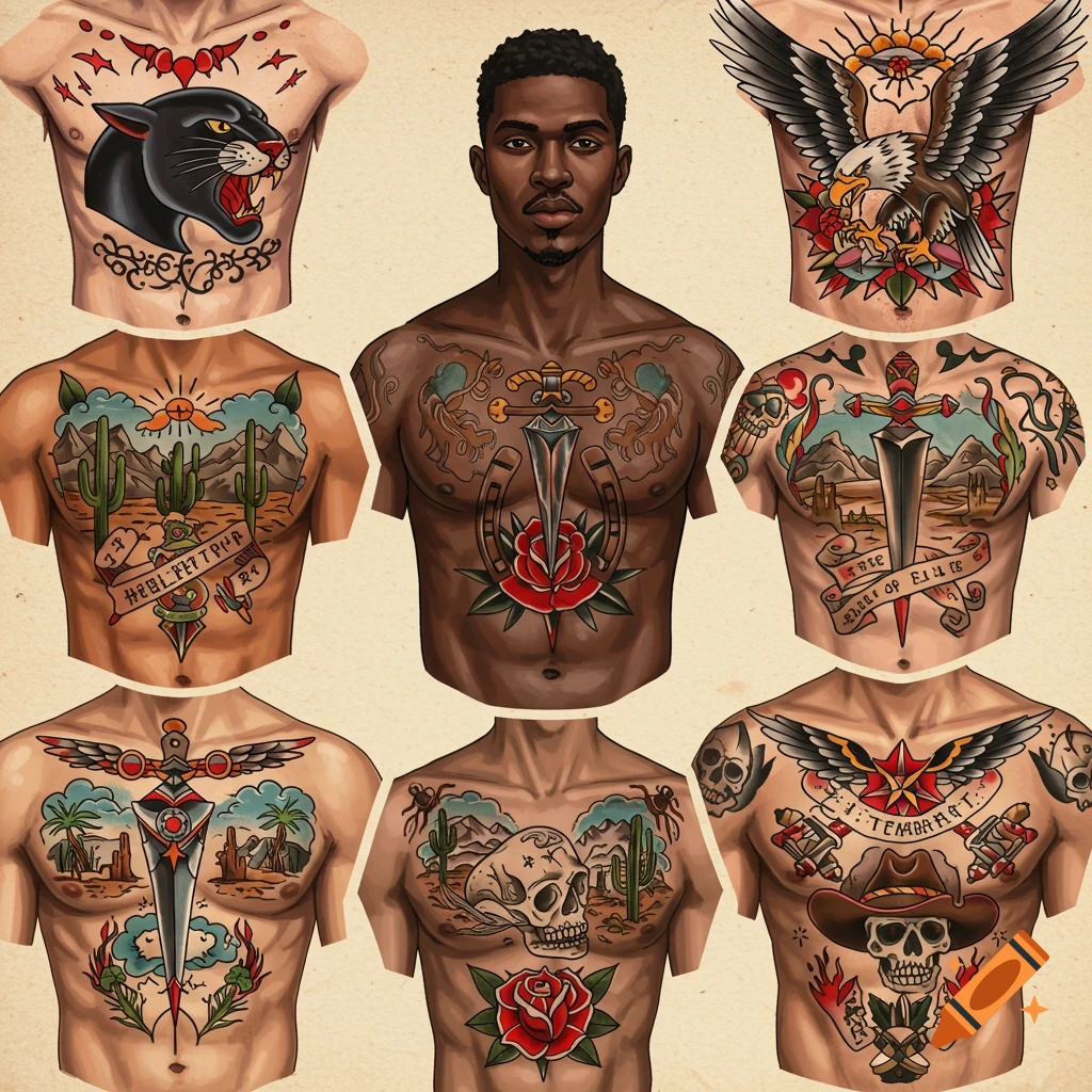 Display of traditional Western American tattoo designs on chest panels, including a man.