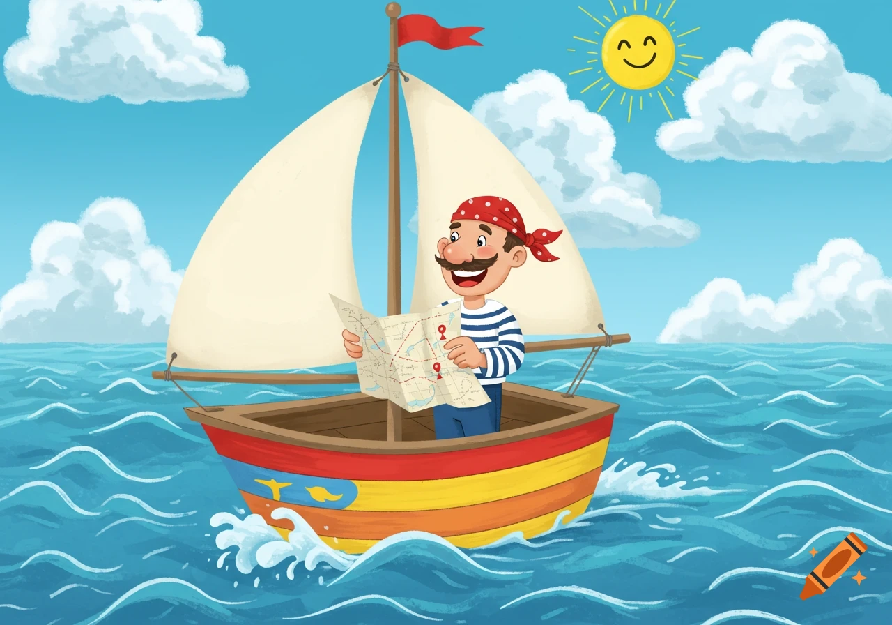Cartoon illustration of a smiling sailor with a mustache and red bandana, holding a map in a colorful sailboat on a wavy blue ocean under a smiling sun.